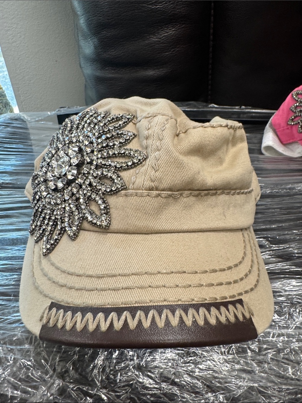 Beige Women's Cadet Cap with Crystal Sunburst Accent